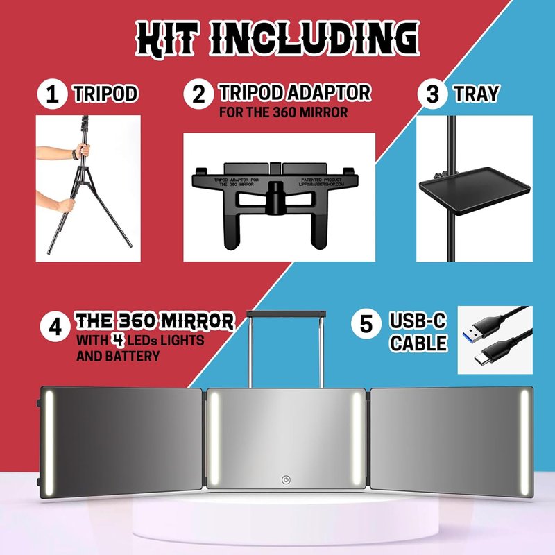 **Lipfis Barbershop 360° Mirror - Tripod Self Hair Cutting Tool with LED Lights & USB-C Charging**