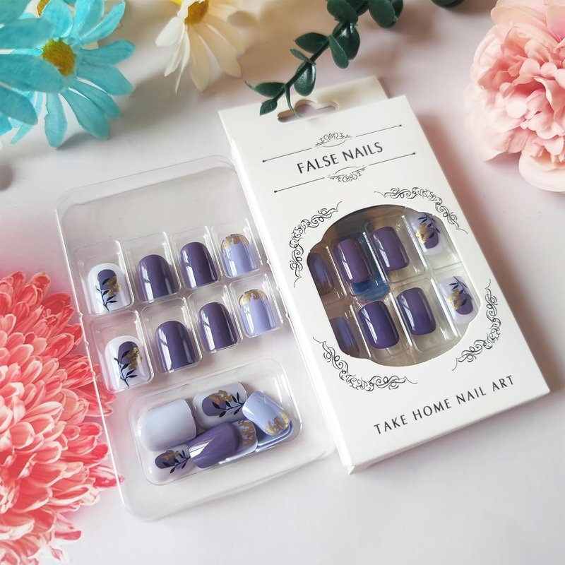 HZJXRT Acrylic Fake Nails - Short Square Black Leaf Design | 24 Pcs Glossy Gold Foil Press-On Nails for Women