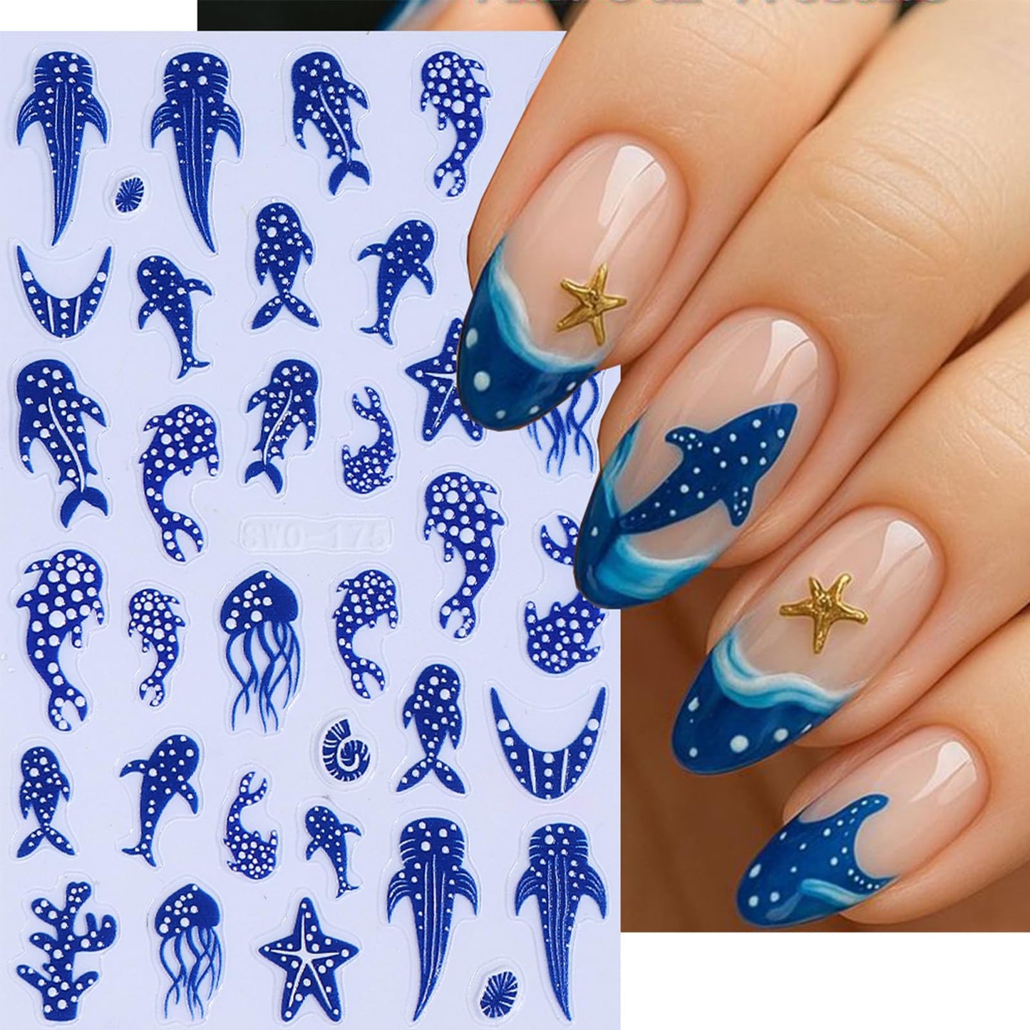 Summer Ocean Nail Stickers 3PCS Blue Polka Dot Whale Shark Nail Art Stickers Starfish Jellyfish Design Self-Adhesive French Manicure Decals Nail Supplies for Women DIY Nail Decorations