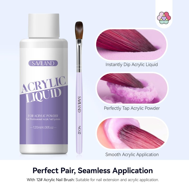 SAVILAND Monomer Acrylic Nail Liquid: 4 oz Non-Yellowing Acrylic Liquid Monomer for Nails with #12 Nail Brush for Beginners DIY at Home Professional Salon Use