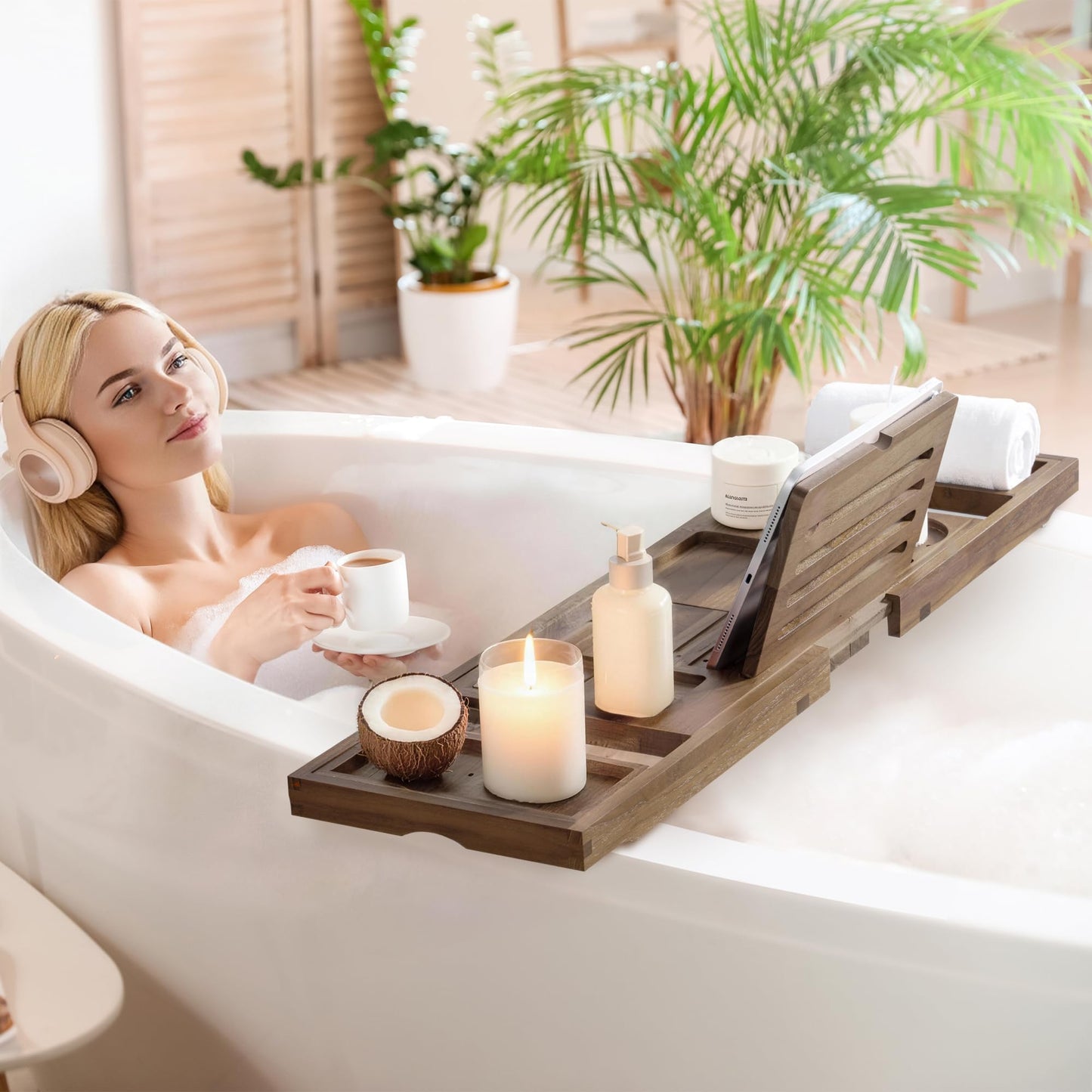 Teak Bathtub Tray, Expandable Bath Tray for Tub 28–40in, Foldable Bath Caddy with Wine Holder, Phone & Tablet Stand, Wooden Bathtub Organizer, Luxury Spa Bathroom Accessories Gift - Dark Walnut Finish