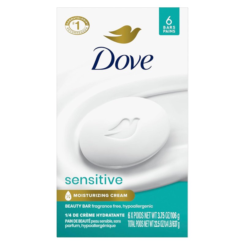 Dove Sensitive Skin Beauty Bar Soap - Fragrance-Free & Hypoallergenic | 6 Bars, 3.75 oz Each