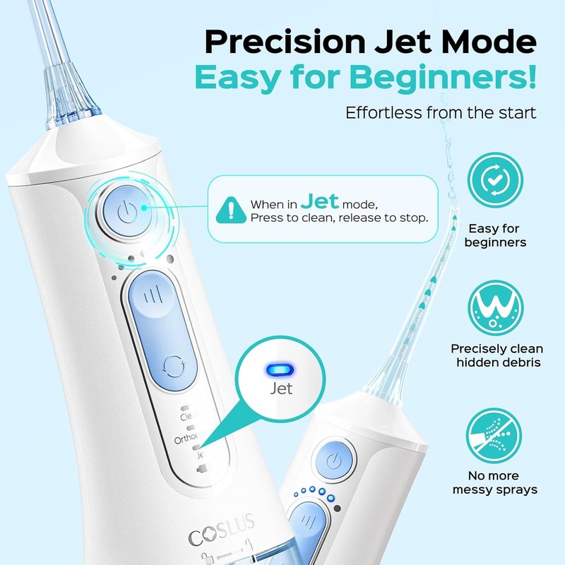 COSLUS C51 Portable Water Flosser for Teeth: 3 Modes & 6 Pressure Settings with Jet Mode Water Dental Pick for Orthodontic, Braces, Sensitive Gums, Compact for Travel, for Multiple Users, ADA Accepted