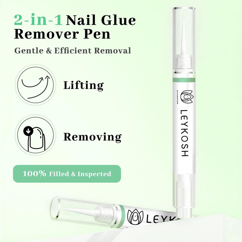 LEYKOSH Nail Glue Remover for Press on Nails, 2025 Upgraded 2 In 1 Stick & Remover Pen Design, Not for Gel Polish Base Coat, Quick Gentle Removal Fake Nail Tips Press Ons, 2pcs*5ml