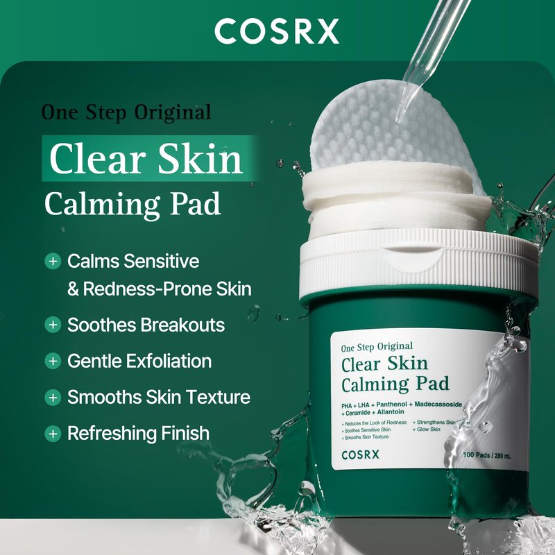 COSRX OneStep Original Clear Skin Calming Pad, 100 Pads, Dual-Sided Facial Pad for Soothing, Barrier Strengthening & Gentle Exfoliation with 82% Green Tea Water, Cica, PHA, LHA, Korean Skin Care