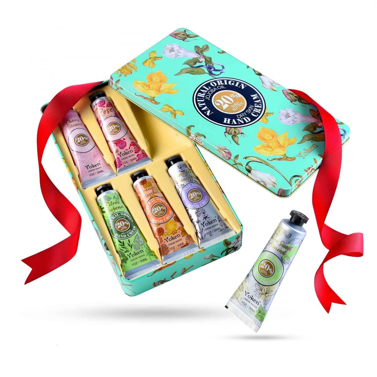 Yoken 20% Shea Butter Hand Cream Gift Set - Nourishing Moisturizer for Dry Hands | 6-Piece Tin Set in Almond, Citrus Verbena & Floral Scents, 6 x 1 OZ