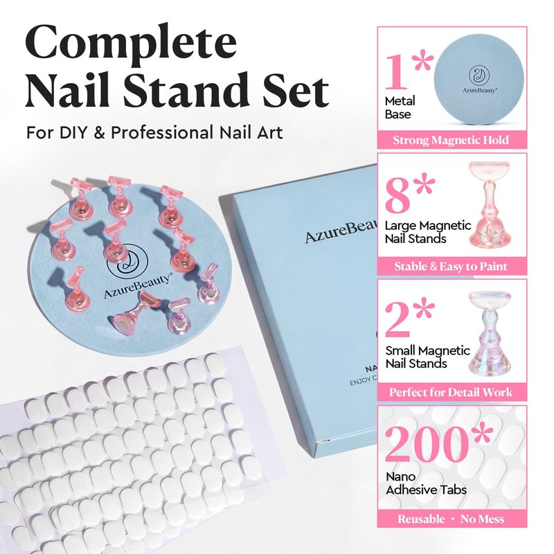 AZUREBEAUTY Nail Stand Set, Magnetic Nail Stand for Press Ons, Acrylic Nail Holder for Painting Nails, Round Metal Base, 200 Double-Sided Sticky Tabs, Nail Tips Practice Display for DIY Salon Supplies