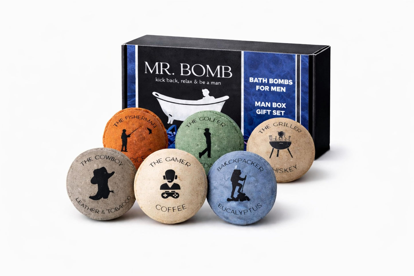 Mr. Bomb Dude Bath Bombs for Men – 6 Pack Man-Up Collection, Masculine Scents, Epsom Salt Bath Bomb Set for Relaxation & Muscle Relief, Gift Set for Him, Made in USA