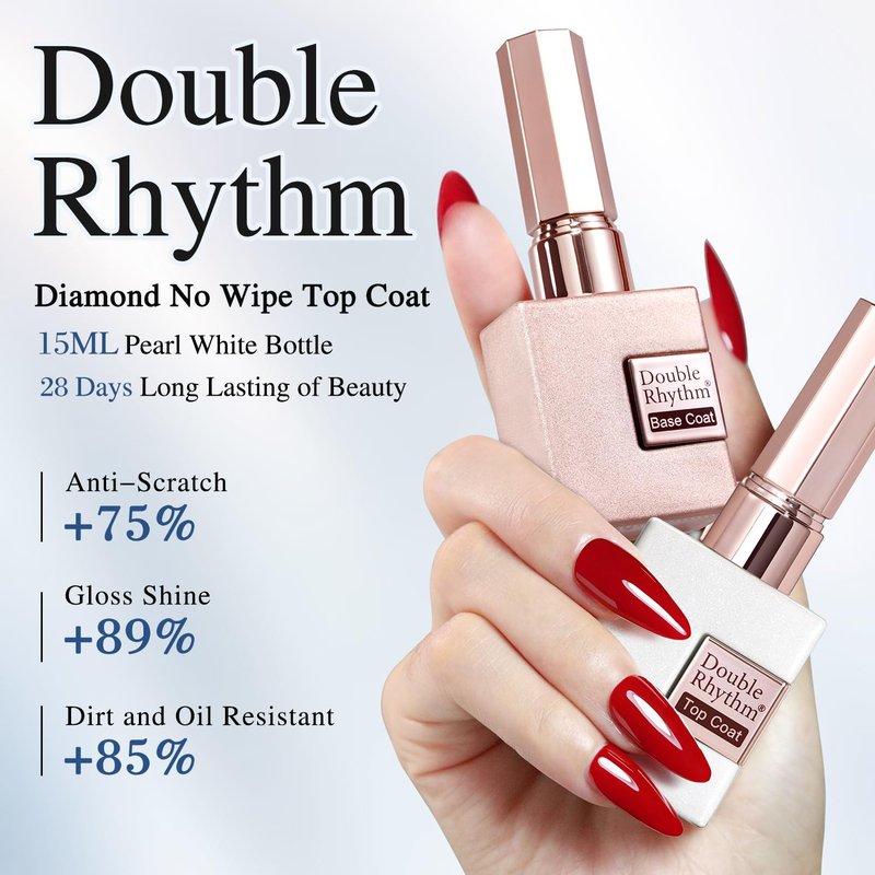 Double Rhythm 2 Pcs 15ML No Wipe Gel Top Coat and Base Coat Set Clear Glossy Gel Polish Kit Soak Off UV LED (Base and Top Coat)