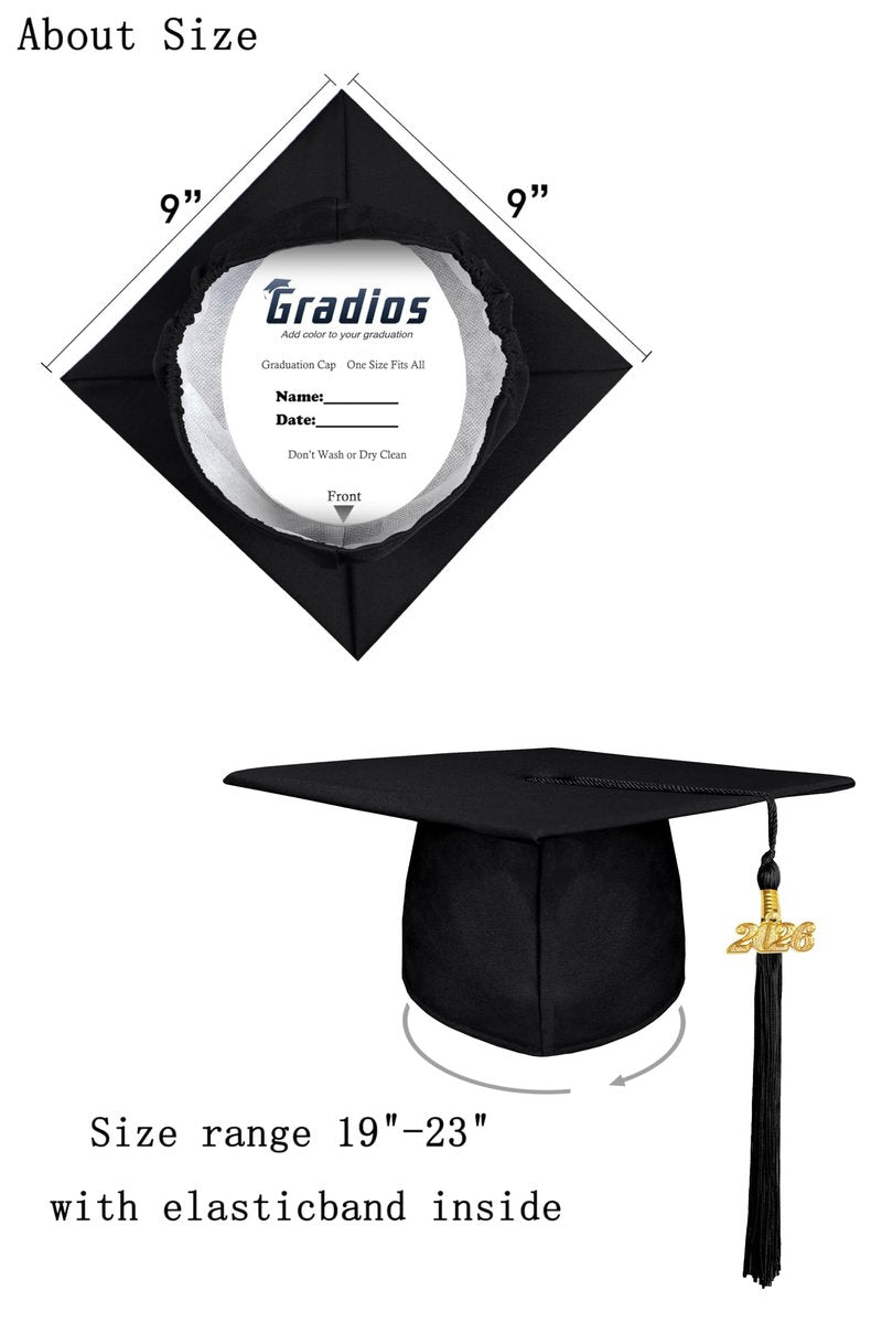 gradois Unisex Adult Matte Graduation Cap with 2026 Tassel Year Charm for High School & Bachelor Master Black