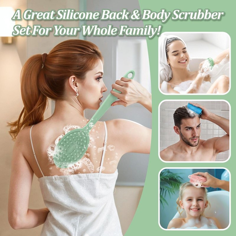GEENOA Silicone Back & Body Scrubber Set 2PCS, 13.4'' Gentle Exfoliating Back Scrubber with Dual-Side Head and Non-Slip Handle, Hygienic Silicone Loofah with Soft Bristles and Massage Dots(Green-2PC)