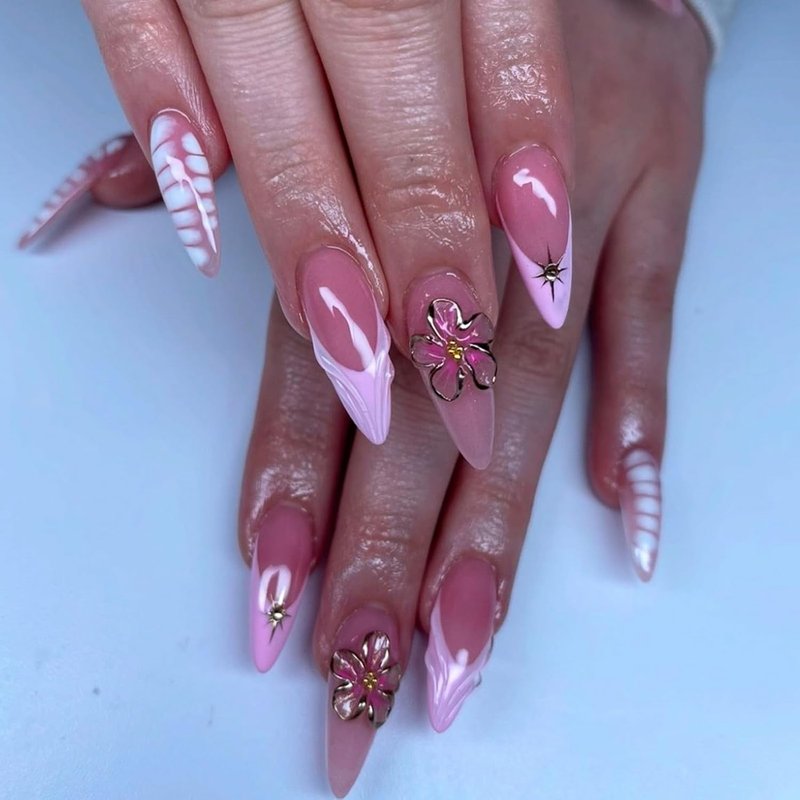 Handmade Flower Press-On Nails | Long Stiletto French Tip Design with Floral Rhinestones - Pink Almond, 24 Pcs