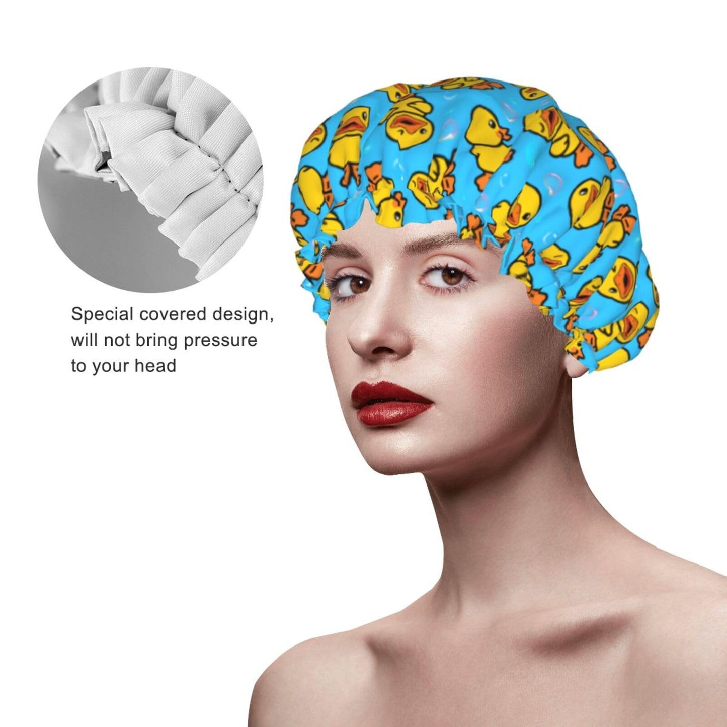 Yellow Rubber Duck Shower Cap For Women Adjustable Double Waterproof Layers Bathing Shower Hat Hair Protection Reusable Ladies Spa Salon Shower Hat