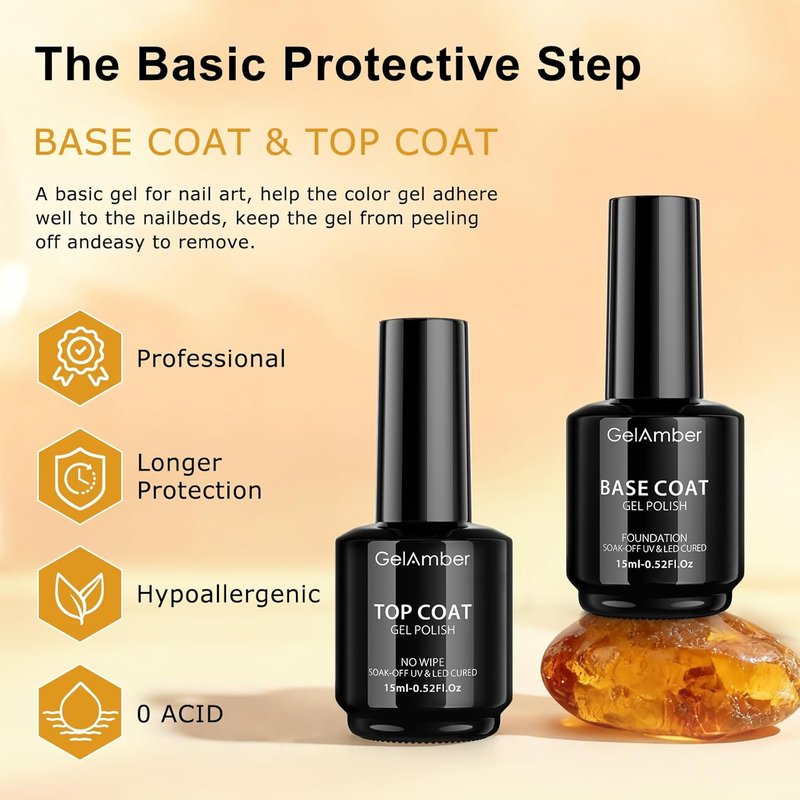 Gel Top Coat & Base Coat Set - 15ml No Wipe Gel Polish Kit for High Gloss Shine | Long-Lasting Nail Art