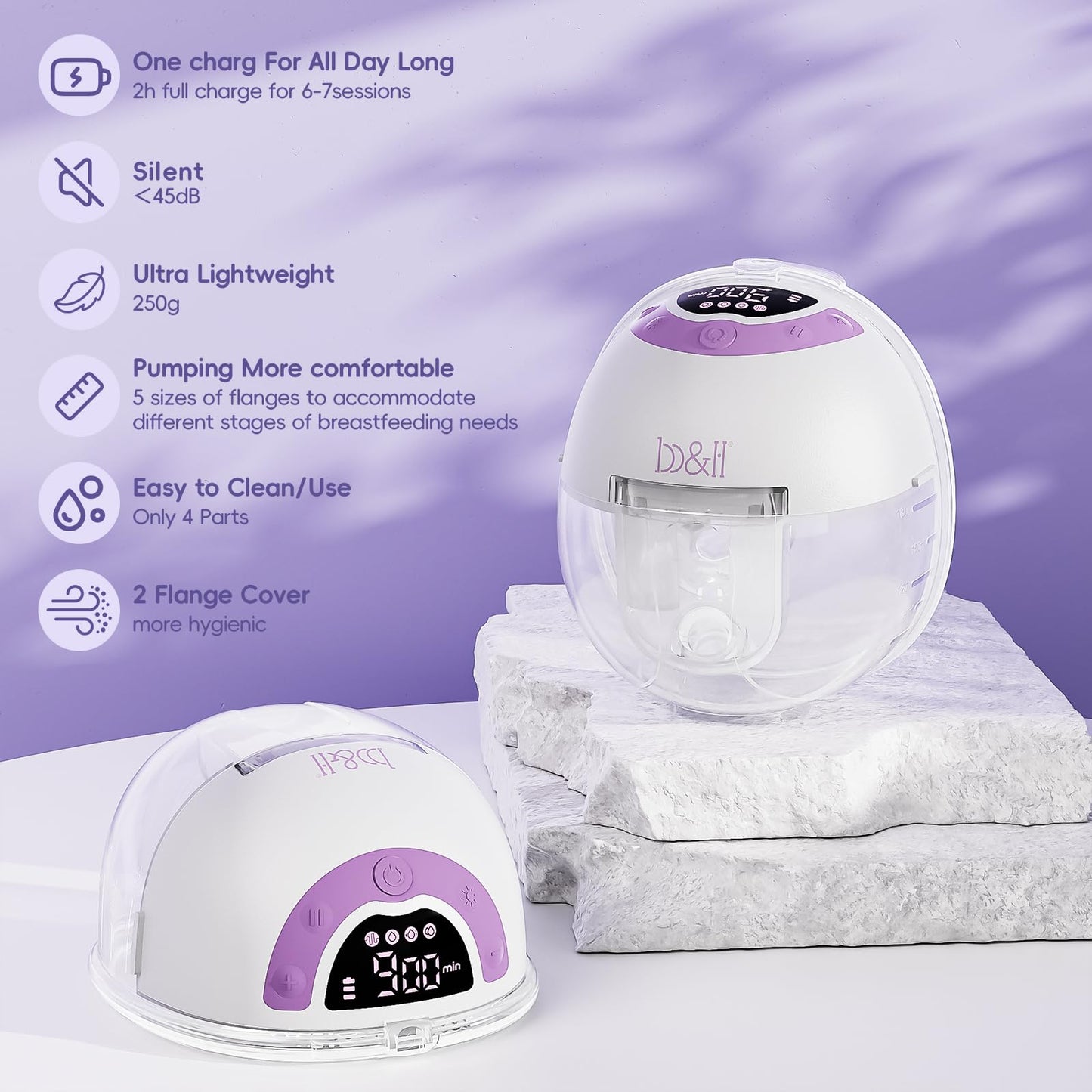 b&h Breast Pump Hands Free with Night Light, S33 Portable Electric Wearable Breastfeeding Pump, 4 Modes & 9 Levels, 27/24/21/19/17mm Flange, Baby Mouth Double-Sealed Flange, Milk Pump for Moms -Purple
