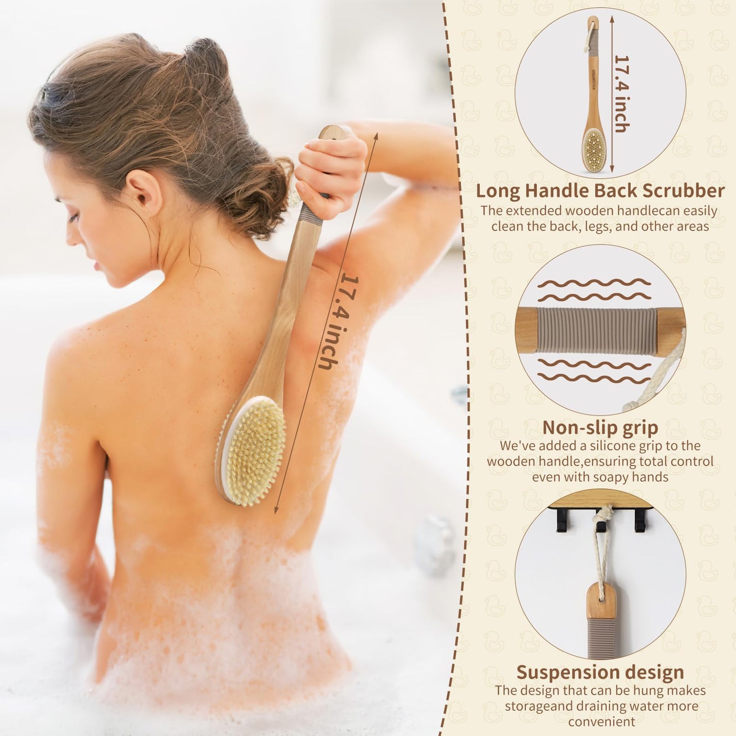 VALENTISE Back Scrubber for Shower, Shower Brush Long Handle with Boar Bristle and Massage Nodes, Exfoliating Body Scrubber for Lymphatic Drainage, Cellulite & Blood Circulation
