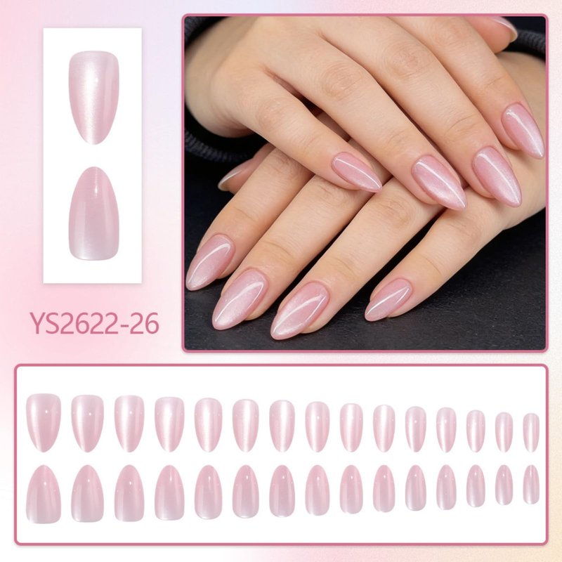 30Pcs Pink Press on Nails Glitter Fake Nails Medium Almond False Nail Reusable Glossy Full Cover Stick on Nail for Women Manicure