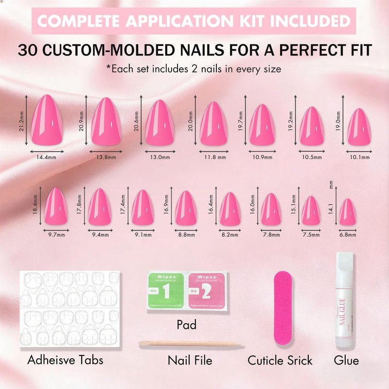 Baby Pink Press On Nails Short Almond, Bright Pink Fake Nails with Glue, Neutral Glossy Stiletto Stick Glue on Nails Kit for Women, Reusable UV Finish Acrylic False Nail Set, 30 Pcs