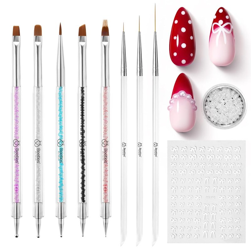Beetles Nail Art Brushes Set - 8-Piece Double-Headed Dotting Tools & Striping Liner Brushes for DIY Manicure | Includes Pearls & Bowknot Stickers
