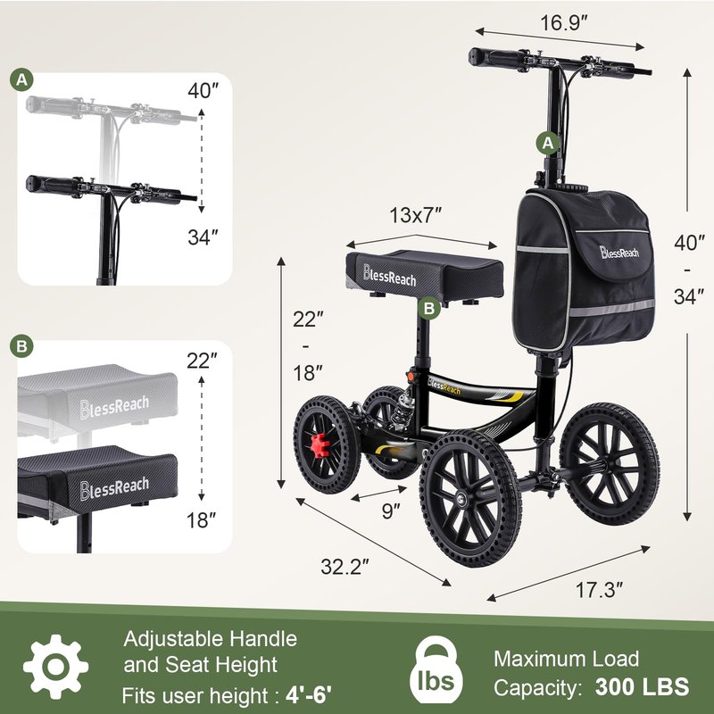 Knee Scooter, 350lbs Capacity, 13" Big PU Seat, Disc Brake Knee Walker, All Terrain Foldable Knee Scooter Walker with Bag for Foot Injuries Compact Crutches Alternative (Black)