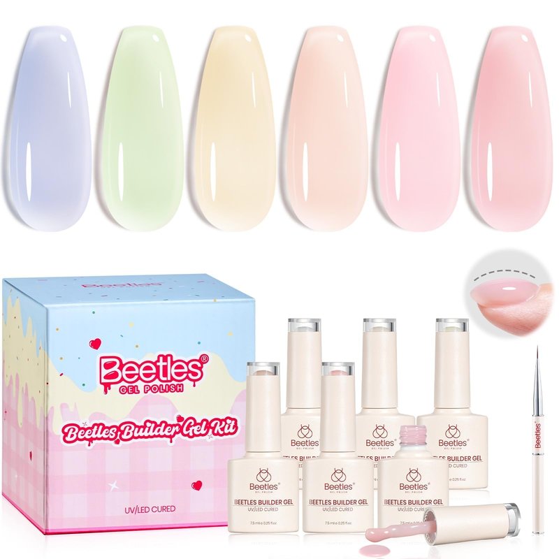 Beetles Builder Gel Nail Kit,Juicy Tint 6 Colors Jelly Pink Nude Builder Gels Instant Apex Thickening Extension Strengthen Weak Nails for Beginners DIY Salon Spring NailsUV & LED Lamp Needed