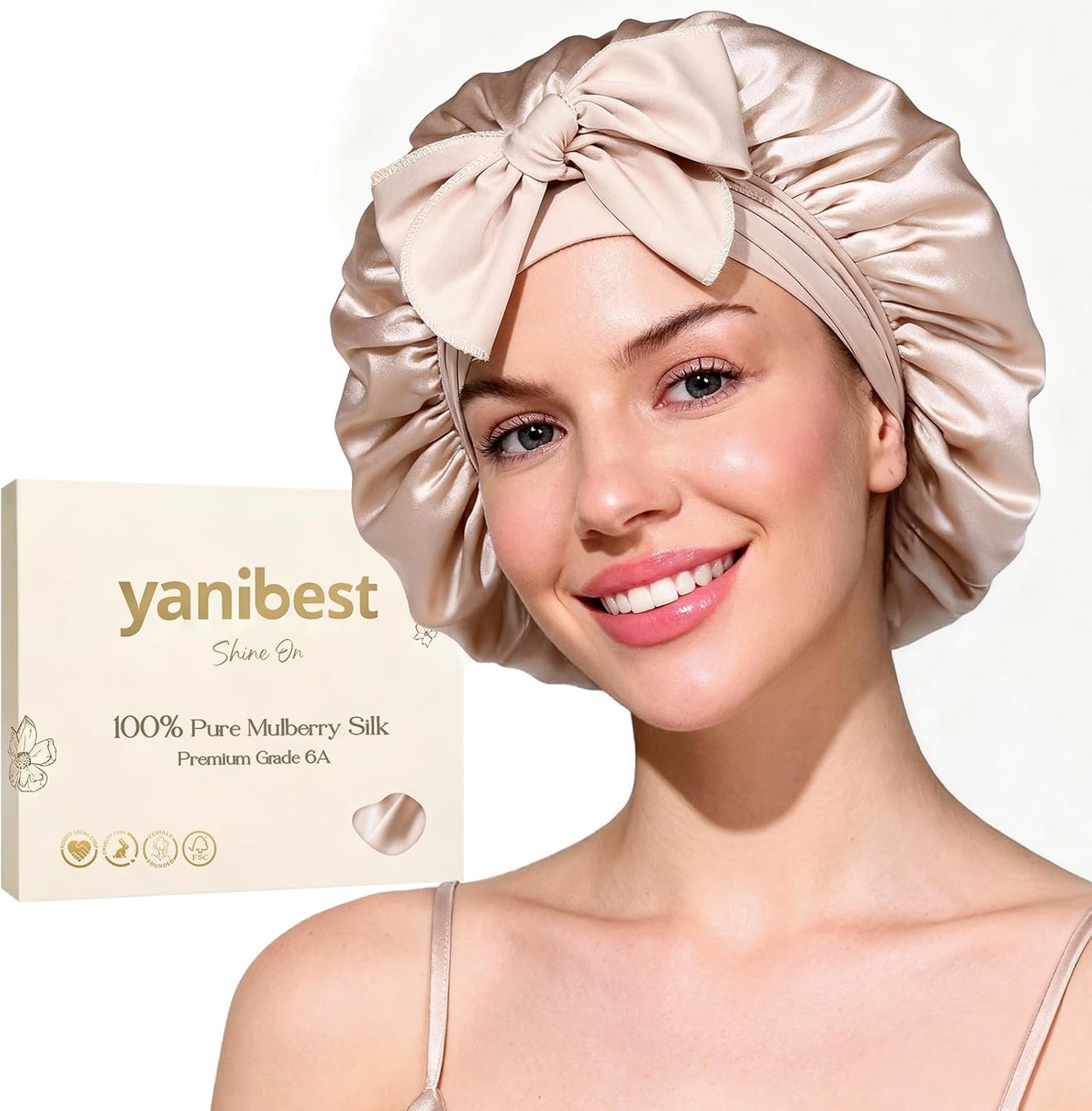 YANIBEST 22 Momme 100% Mulberry Silk Bonnet for Sleeping Women Double Layer Sleep Bonnet with Tie Band, Sleep Cap