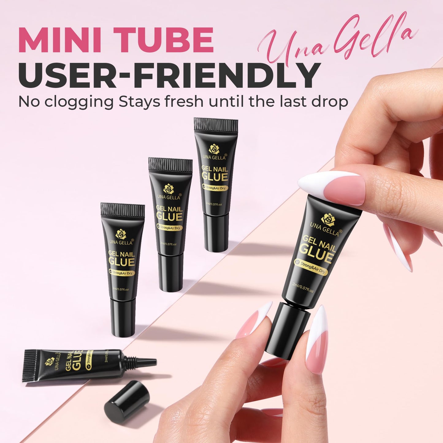 UNA GELLA Super Strong Nail Glue 2ml x 5Pcs for Press On Nails, Nail Tips & Clear Fake Nails, Mini Tubes Quick Drying Semi Solid Nail Glue for Press ons No UV Light Needed Long Lasting Mess-Free
