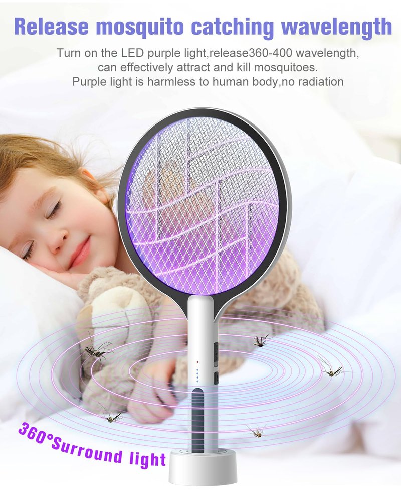 2PACK Electric Fly Swatter 4500V Bug Zapper Racket, 2 in 1 Handheld Fly Zapper & Purple Mosquito Killer Rechargeable and 3-Layer Safety for Indoor Home Office Backyard Patio Camping