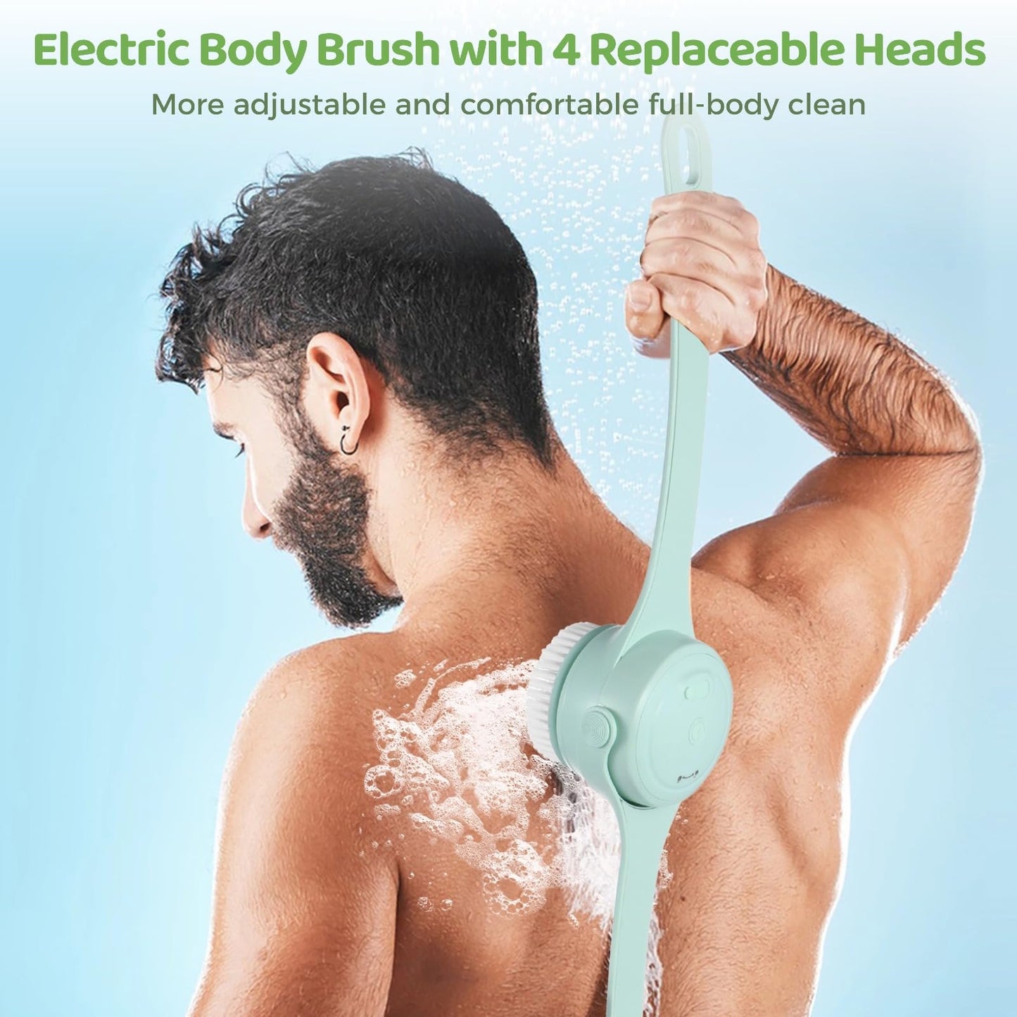 Electric Body Brush for Shower with 4 Replaceable Heads, 14.9 in Long Handle Back Scrubber, 2-Speed Adjustable Waterproof Power Body Scrubber, Rechargeable Bath Brush for Exfoliating and Cleaning