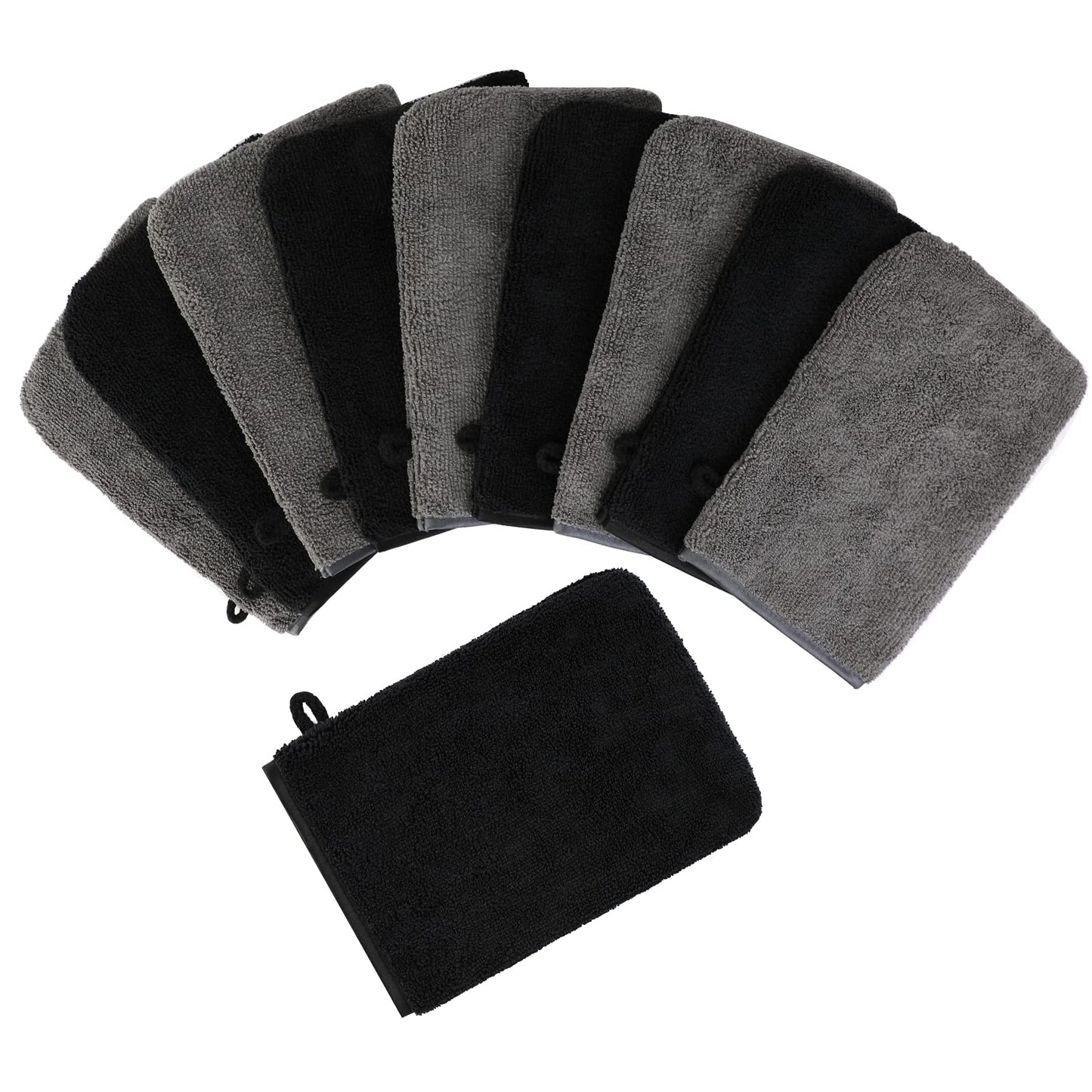 PHOGARY 10 Pack Microfiber Body Wash Mitts, Soft Face Mitten, Bath Spa Cloth, Reusable Makeup Remover Mitt Gloves, European Style Wash Cloth,6×8inch, Black and Grey