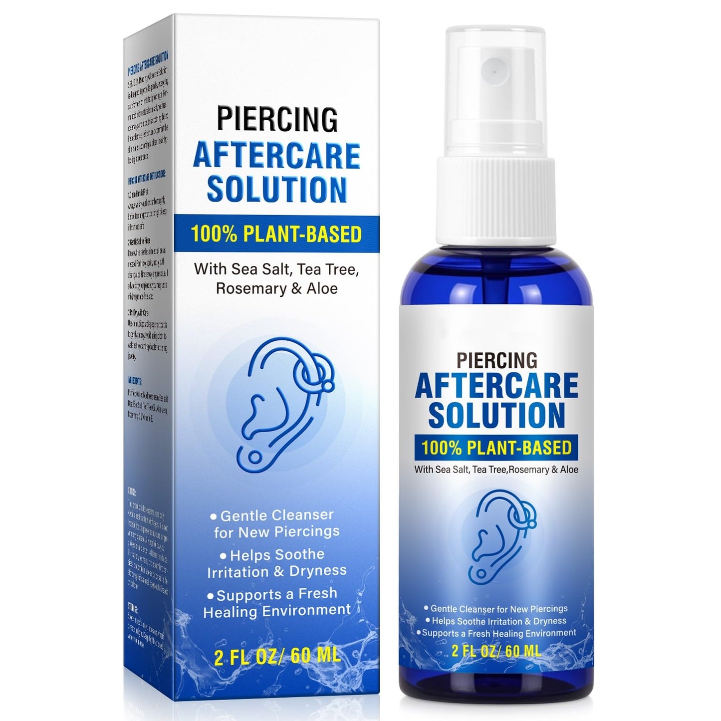 Piercing Aftercare Spray, Piercing Cleaner Spray for Body and Facial Piercings – Ear, Nose, Navel, Oral & Skin Piercings Cleaner, Cleansing & Moisturizing - 2 Fl Oz