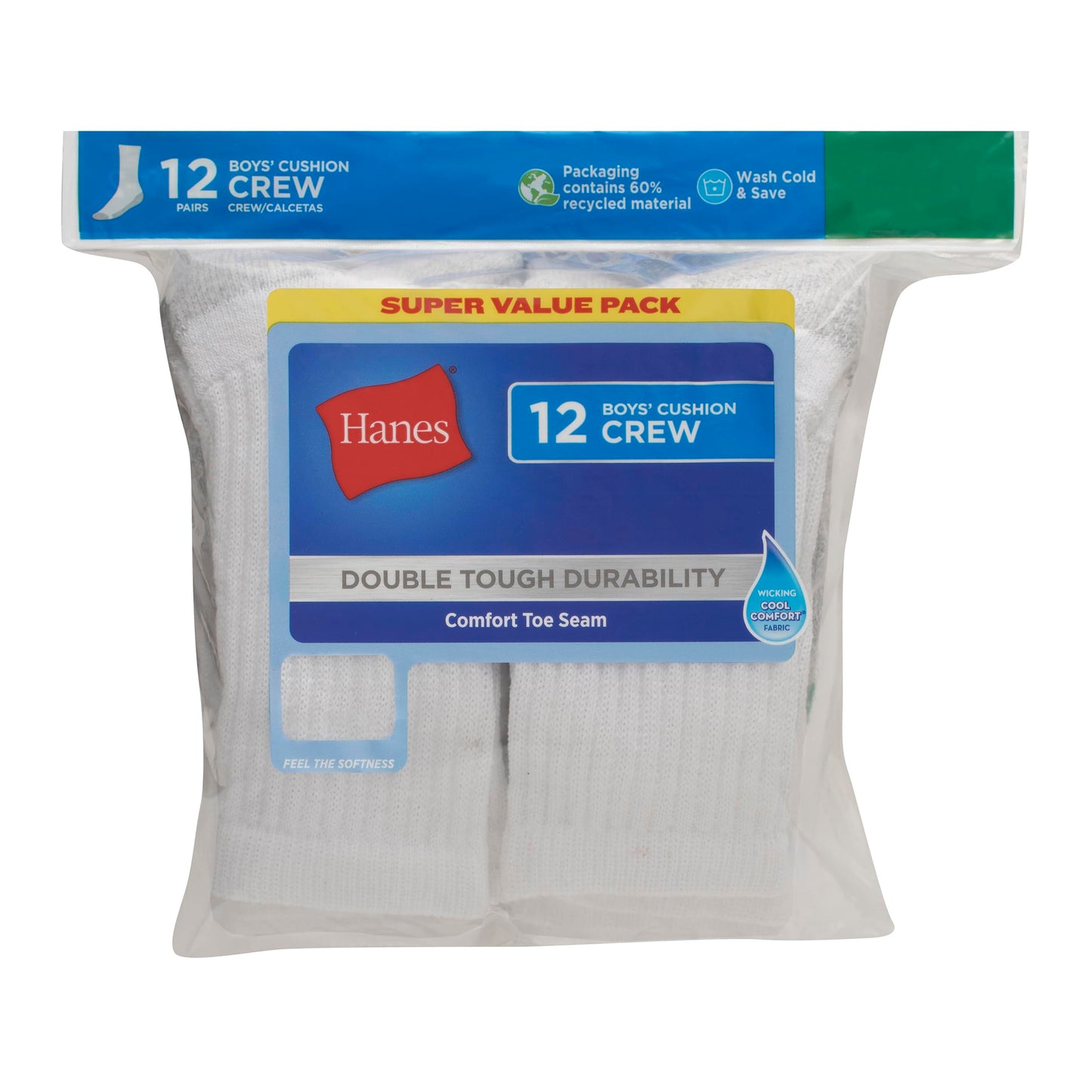 Hanes Boys Socks, Double Tough Cushioned Crew 12-pair Packs Athletic-socks, White/Grey Bottom, Large US