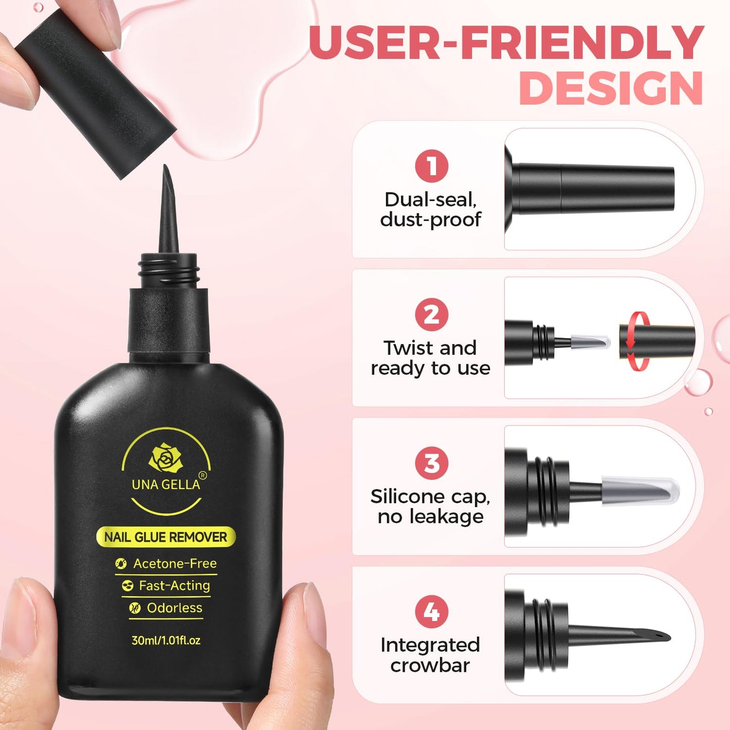 UNA GELLA Press On Nail Glue Remover Built-in-crowbar 30ML Acetone-Free Gentle Soak Off Gel Nail Glue Polish Remover for Nail Tip Adhesive Glue Easily Home DIY Not for U/V Nail Polish