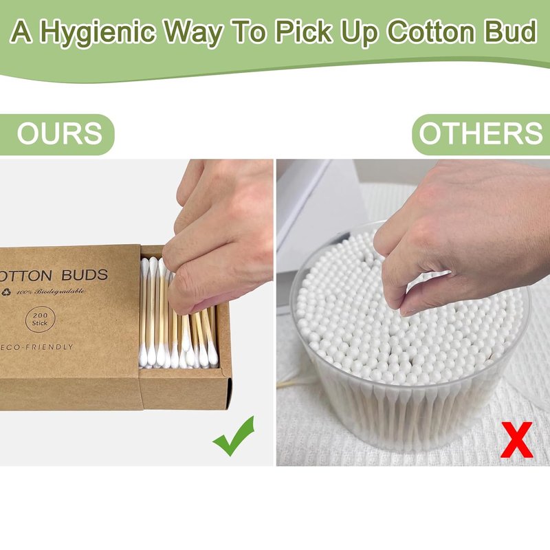 Bamboo Cotton Swabs - Biodegradable Organic Cotton Buds with Wooden Sticks | 200 Count for Makeup & Ear Cleaning