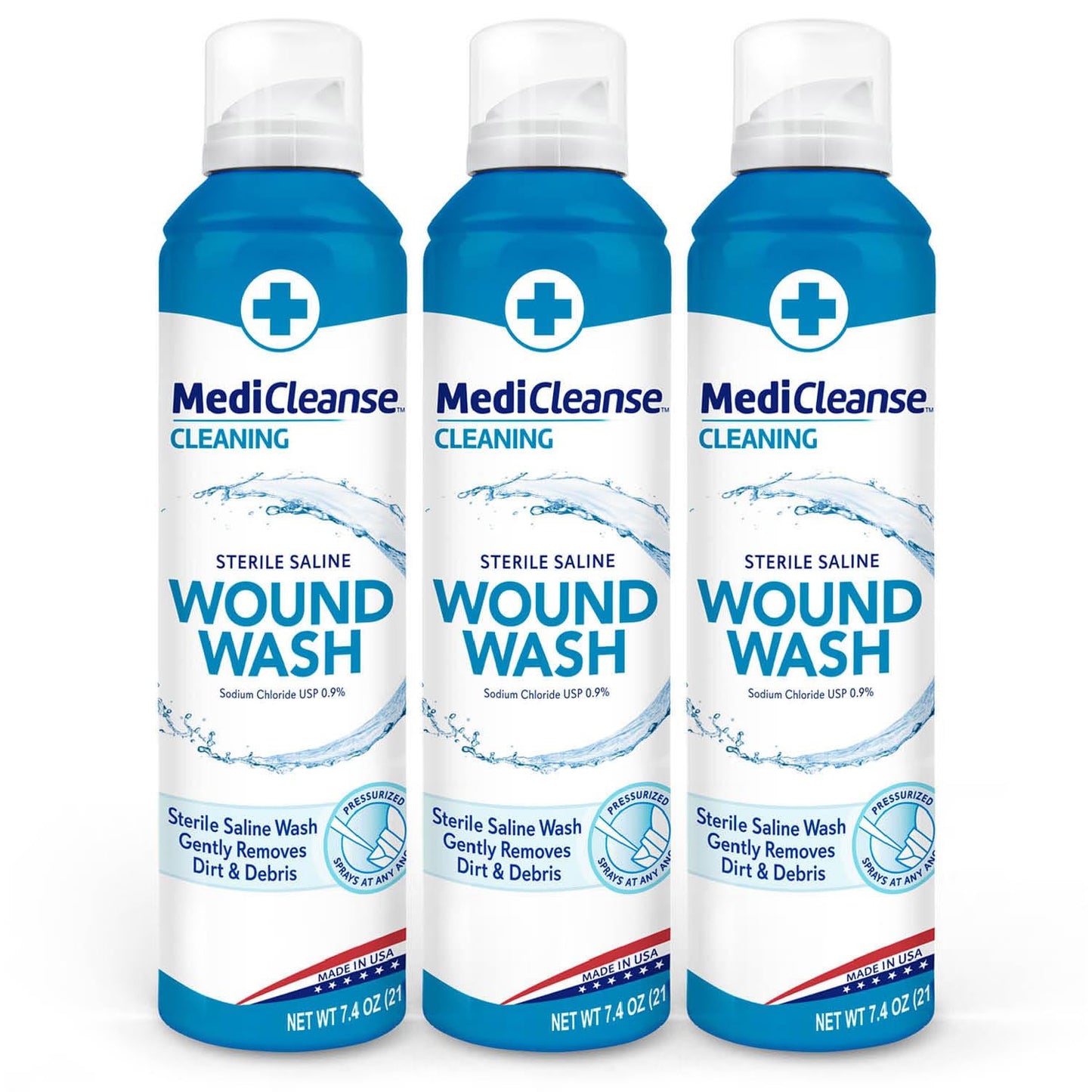 MediCleanse First Aid Sterile Saline Wound Wash, Promotes Healing, No Stinging or Burning, 7.4 oz (Pack of 3) - Made in USA