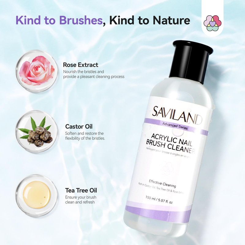 SAVILAND Acrylic Nail Brush Cleaner: 3-Minute Deep Clean & Conditioning Liquid, Plant-Based Cleaner Conditioner Preserver Restorer for Acrylic Nail Brushes, Home DIY & Salon Use, 5 OZ