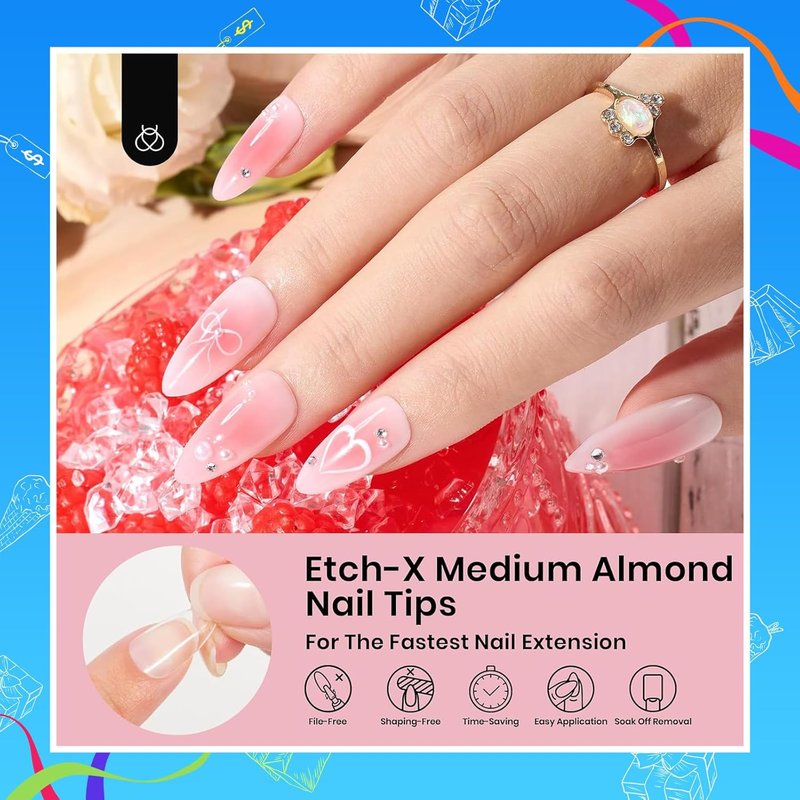Beetles Medium Almond Nail Tips - 576pcs Pre-Etched Soft Tips with 6 Colors Gel Polish Set
