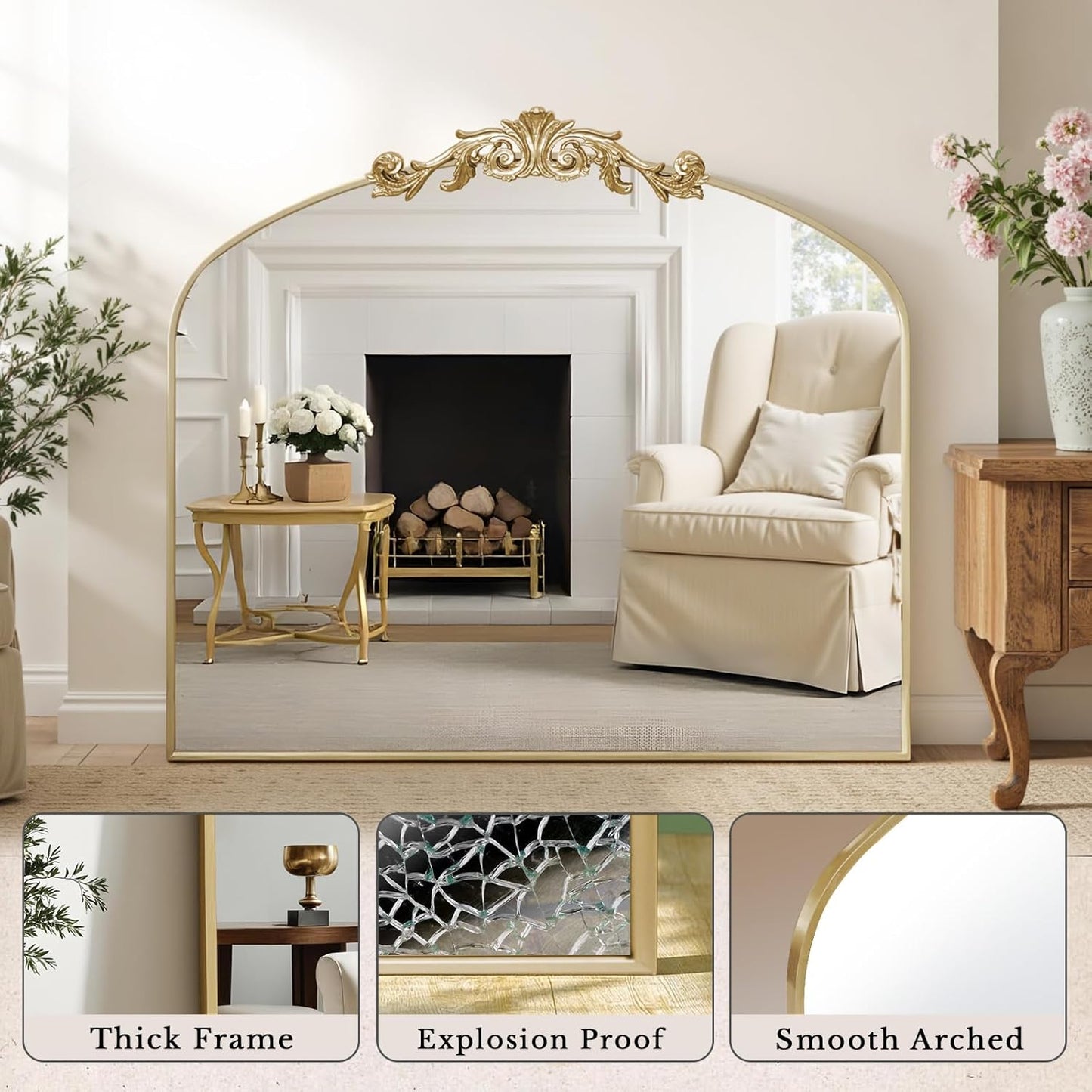 Vintage Arched Baroque Wall Mirror - 36" x 30" Antique Ornate Design | Elegant Carving, Full Metal Frame, Retro Gold