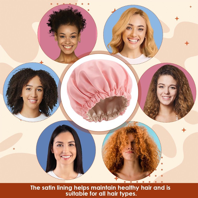 Janmercy 4 Pcs Shower Cap Satin Lined for Hair Protection Waterproof Reusable for Women Long Hair Bath Caps with Satin Interior