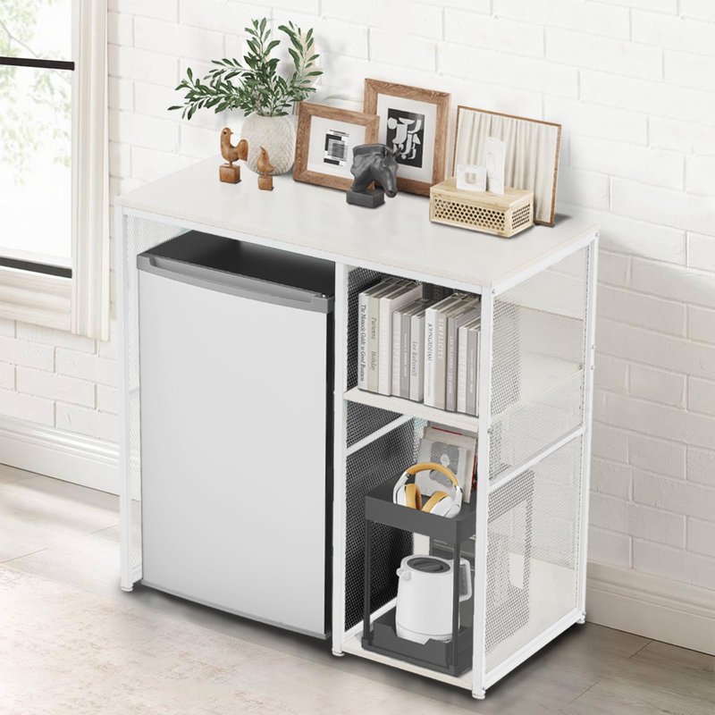 KirKical 3-Tier Coffee Bar Cabinet with Mini Fridge Space, Simple Style Microwave Stand Bakers Rack, Utility Compact Refrigerator Storage Organizer for Home Kitchen Dorm, White