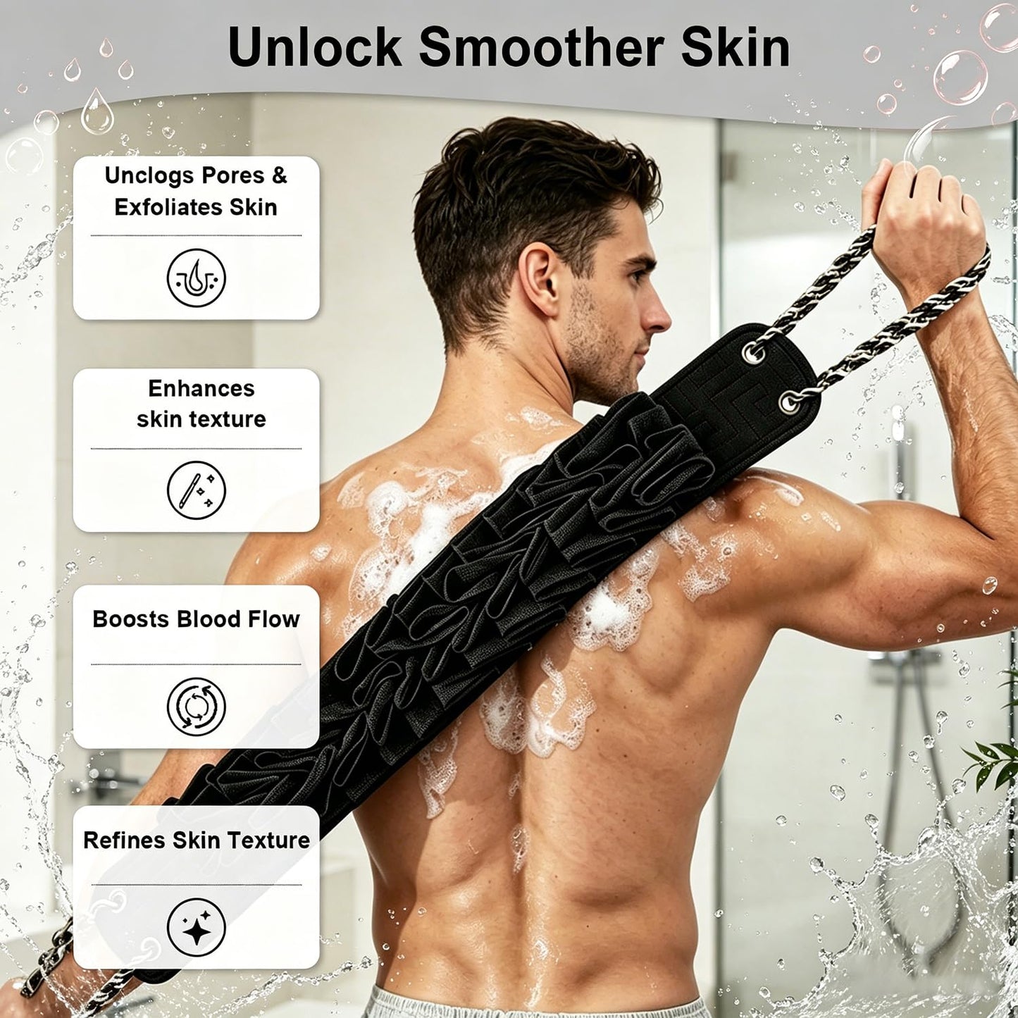 Dual-Sided Back Scrubber for Shower, 2-in-1 Reinforced Exfoliating Washcloth with Handle, Durable Deep Cleansing Body Exfoliator, Back Washer Bath Essentials for Men, Women & Elderly