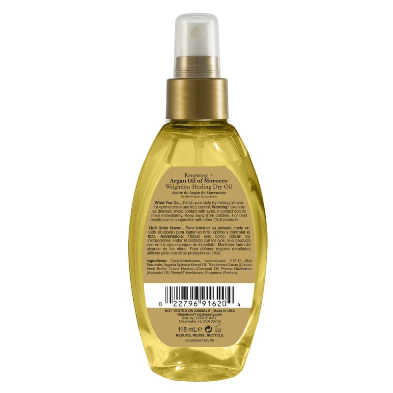 OGX Renewing + Argan Oil of Morocco Weightless Healing Dry Oil Spray, Argan Oil for Hair Care, Lightweight Mist for Split Ends, Frizz Control & Shine, Paraben & Sulfated-Surfactants Free, 4 fl oz