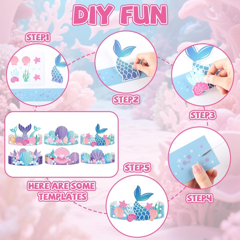 Qyeahkj 24 Pcs Mermaid Birthday Party Crowns Under the Sea Ocean DIY Crown Craft Kits Art Set Paper Mermaid Party Favor Hats Paper Princess Headband Making Kit Party Decorations Supplies for