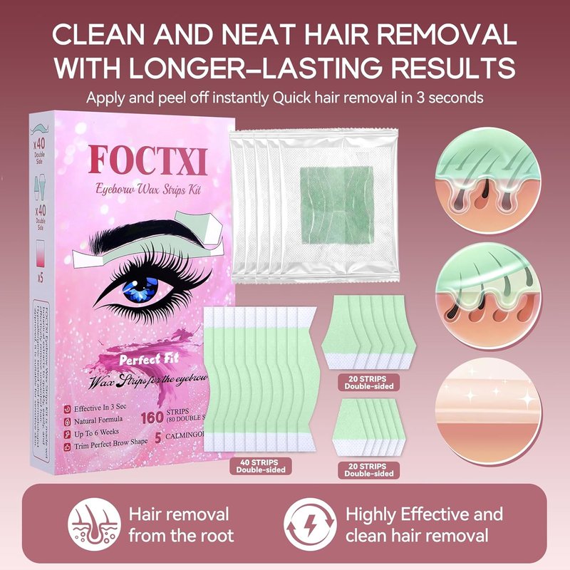 Facial Wax Strips Kit - 80 Hypoallergenic Eyebrow Wax Strips for Hair Removal | Includes 5 Calming Oil Wipes