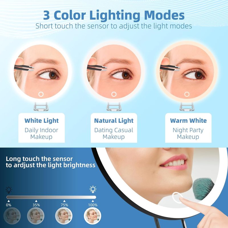 10X Magnifying Mirror with Lights - 6-Inch Lighted Makeup Mirror with 3 Suction Cups & 360° Adjustable Bracket | Includes Tweezers & Scissors