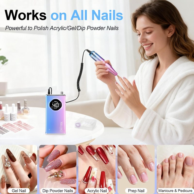 Electric Nail Drill File Professional 40000 RPM, Melodly Rechargeable Electric Nail File Machine Kit for Acrylic Gel Nails Polishing Removing, Portable Cordless Efile with Gold Bits at Salon Home