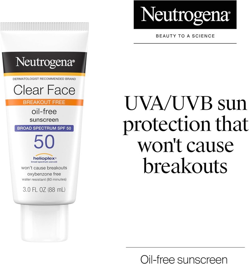 Neutrogena Clear Face Sunscreen Lotion - Broad Spectrum SPF 50 for Acne-Prone Skin | Oil-Free, Matte Finish, 3 Fl Oz