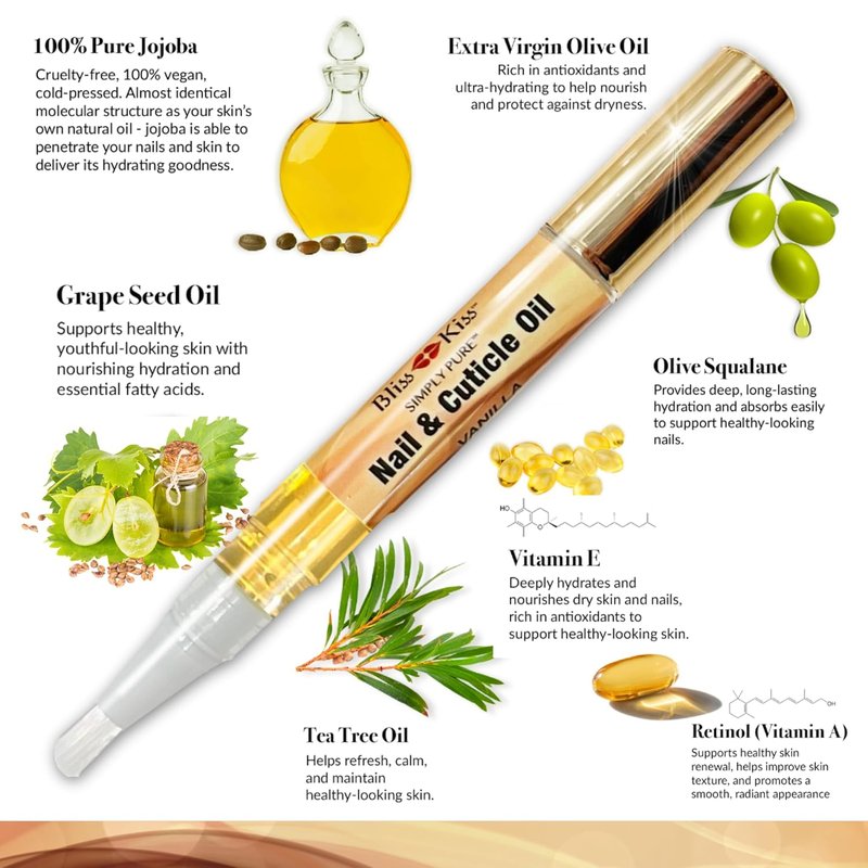 Bliss Kiss | Nail Oil Cuticle Pens - 4 Vanilla Fragrance with Vitamin E & Jojoba for Stronger Nails