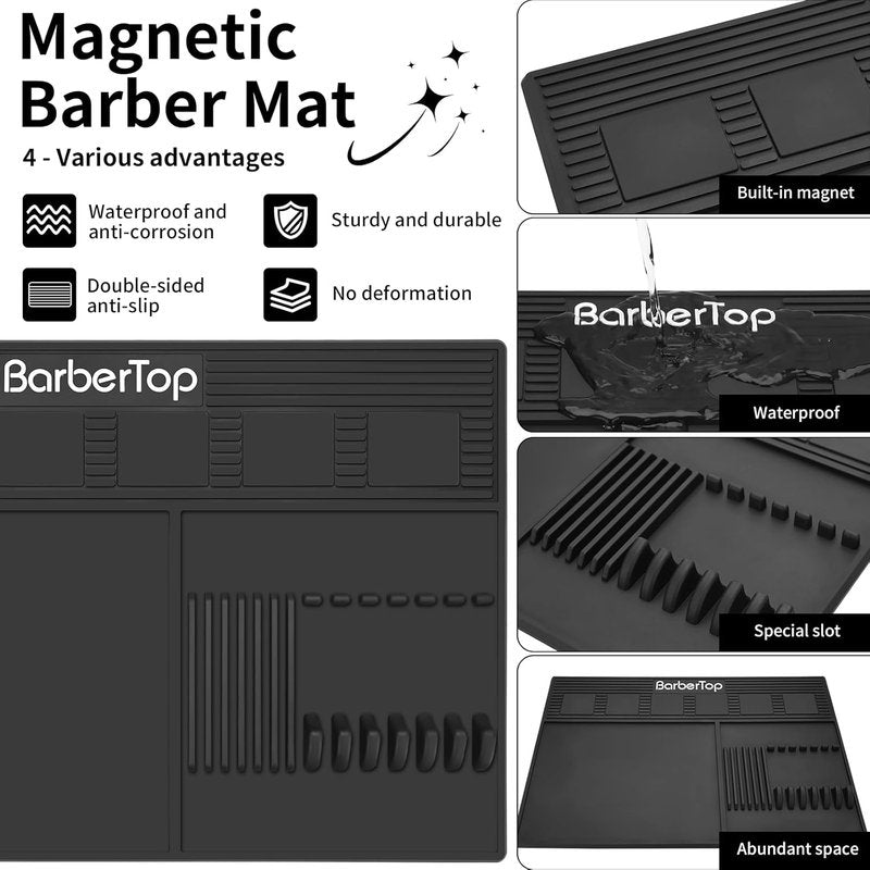 Magnetic Barber Mat for Clippers - Anti-Slip Heat Resistant Organizer with 6 Magnets | 19.29"x12.6" Grooming Station Pad