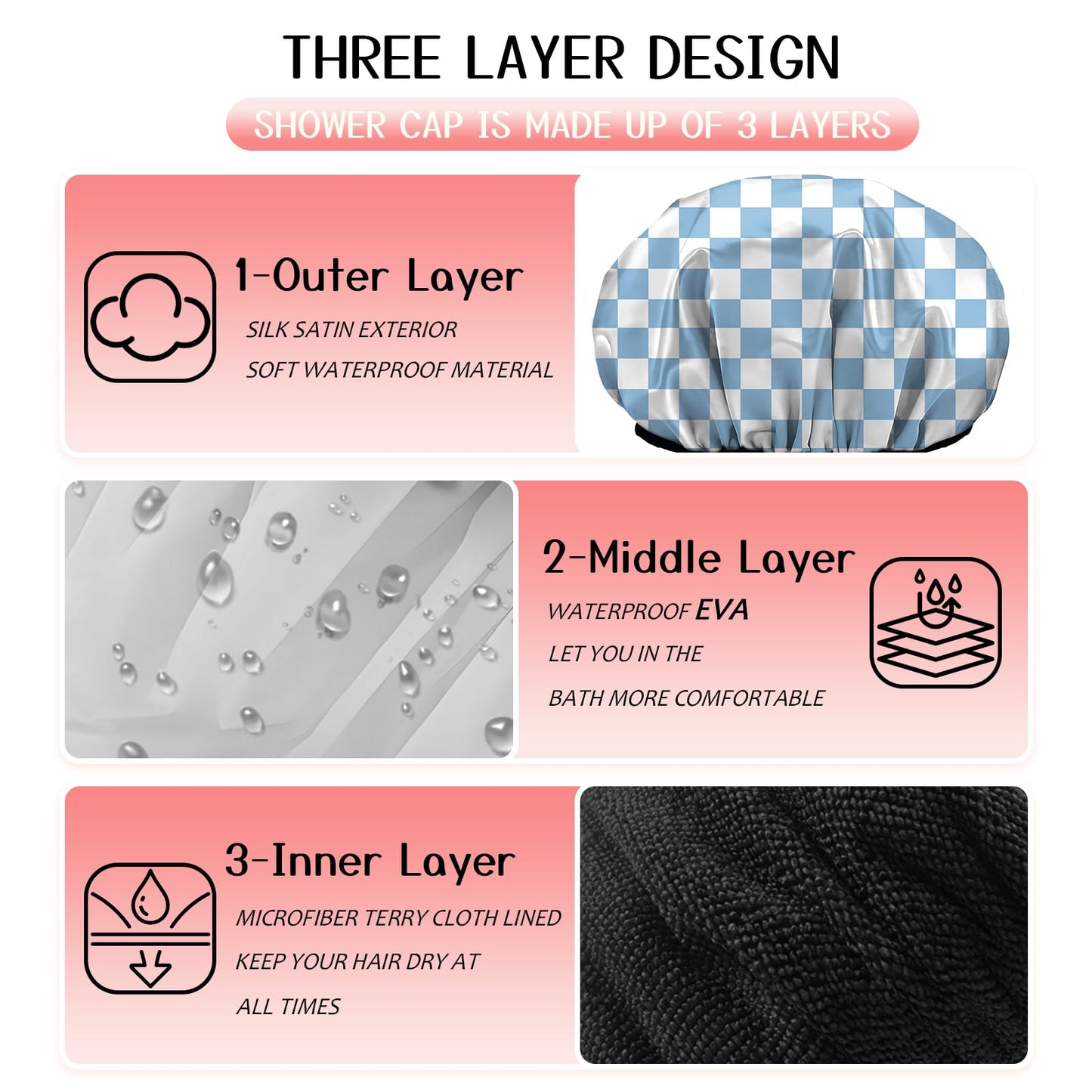 Zewurtuw Luxury Shower Cap Terry Cloth Lined EVA Waterproof Reusable Triple Layer Elastic Hair Bath Caps for Women Girls Cute-Cat Flower